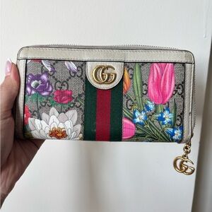 Gucci Cream and Green Floral Print Wallet